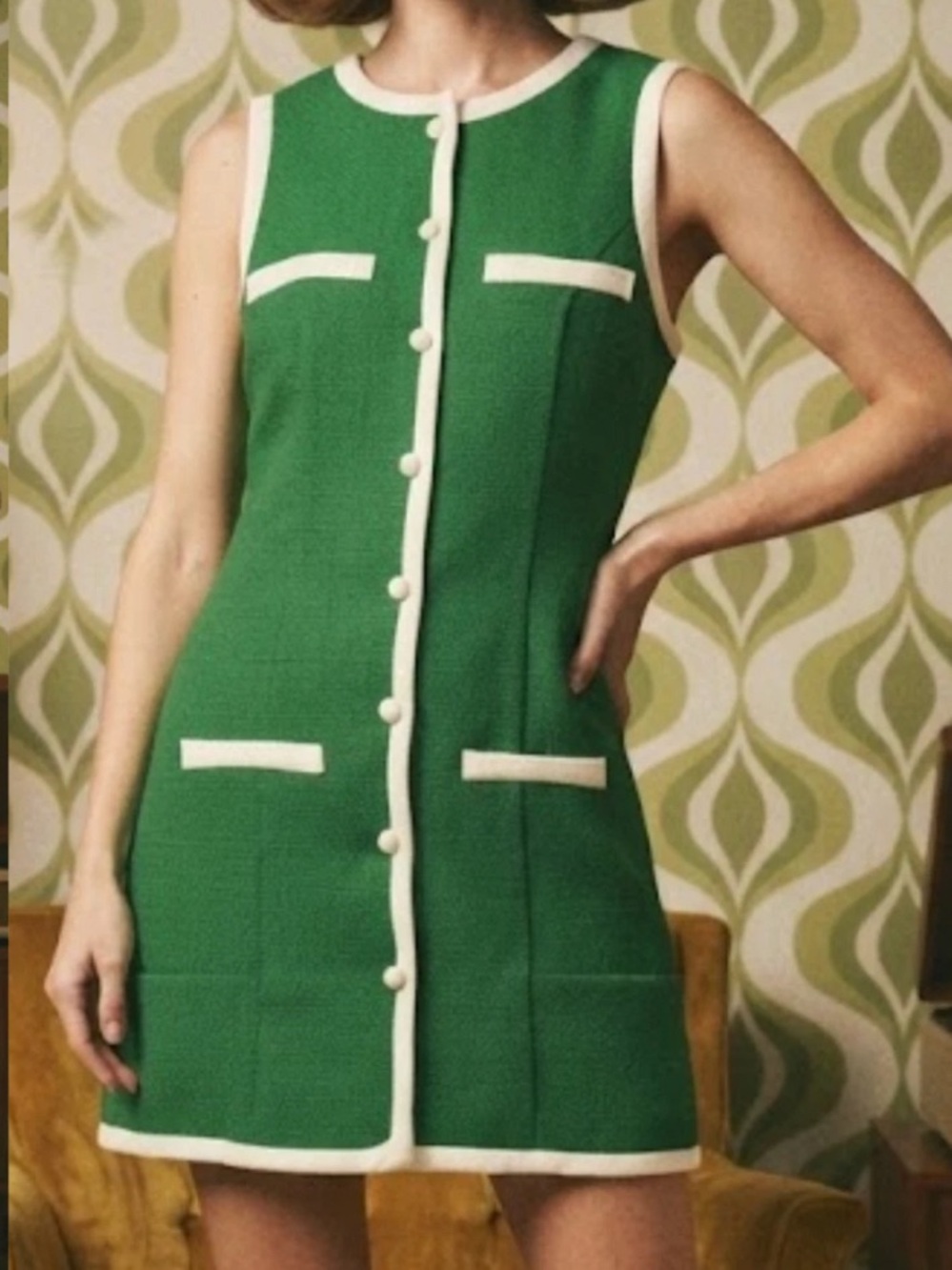 TCEC Retro Green Tweed Style Shift Dress White Trim Button Front S NWOT